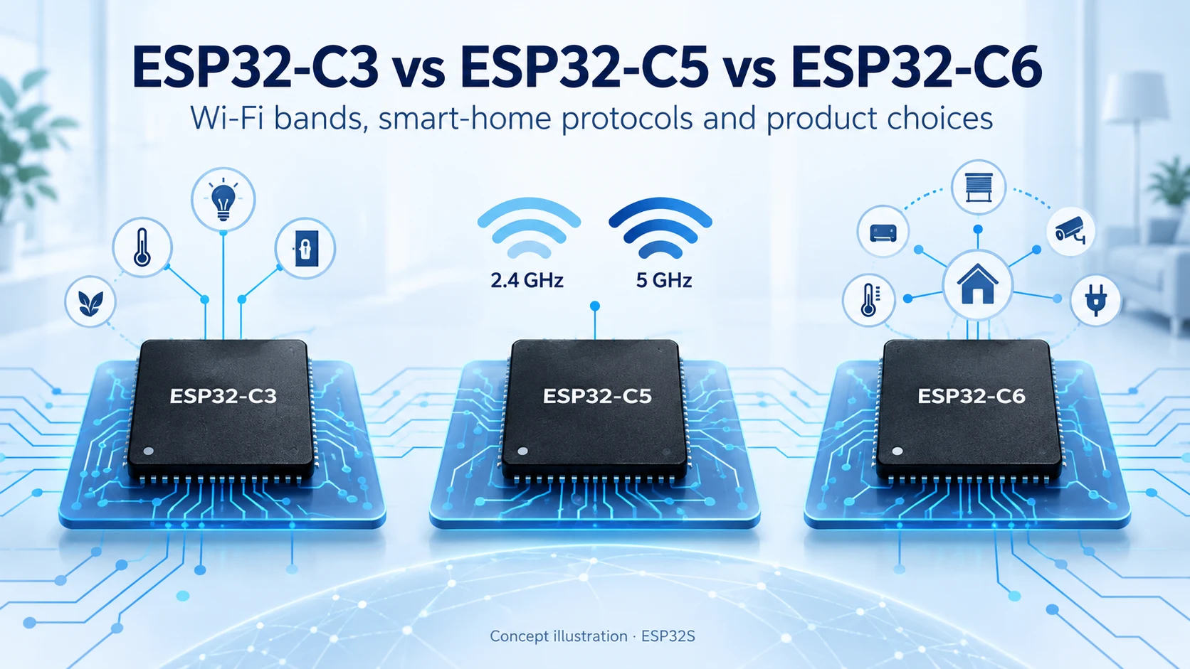 Conceptual comparison of ESP32-C3 ESP32-C5 and ESP32-C6 connectivity choices