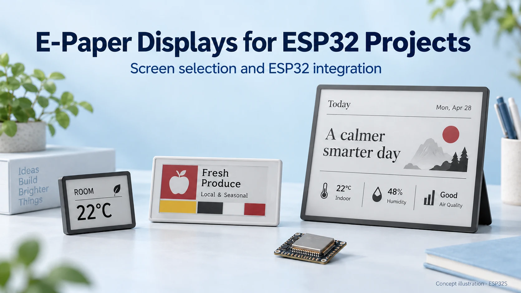 Conceptual e-paper applications with the subtitle Screen selection and ESP32 integration