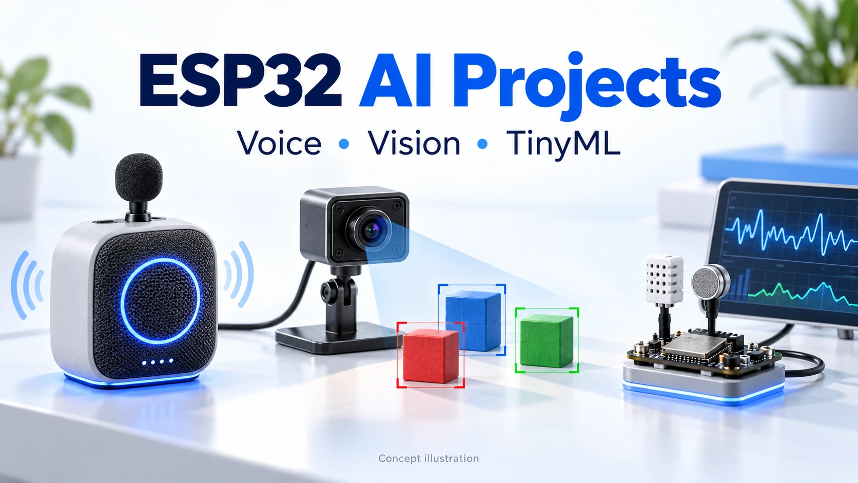 Conceptual ESP32 AI projects: a voice companion, camera object detection and a TinyML sensor node