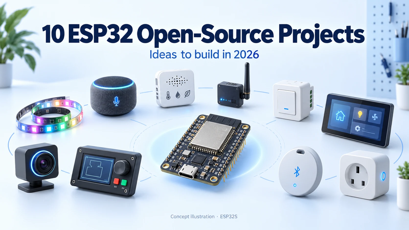 Conceptual ESP32 projects including voice AI, LED lighting, sensors, mesh radio, camera, touchscreen and motion control