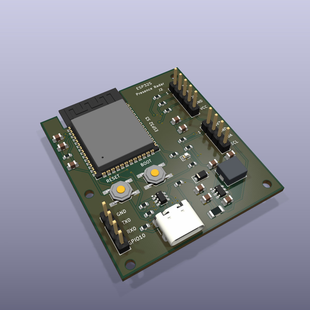 ESP32S Presence Radar R1 mainboard — KiCad 3D render; not a product photograph ESP32S Presence Radar R1 mainboard — KiCad 3D render; not a product photograph