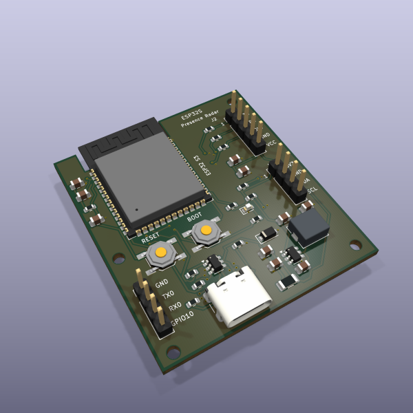 ESP32S Presence Radar R1 mainboard — KiCad 3D render; not a product photograph