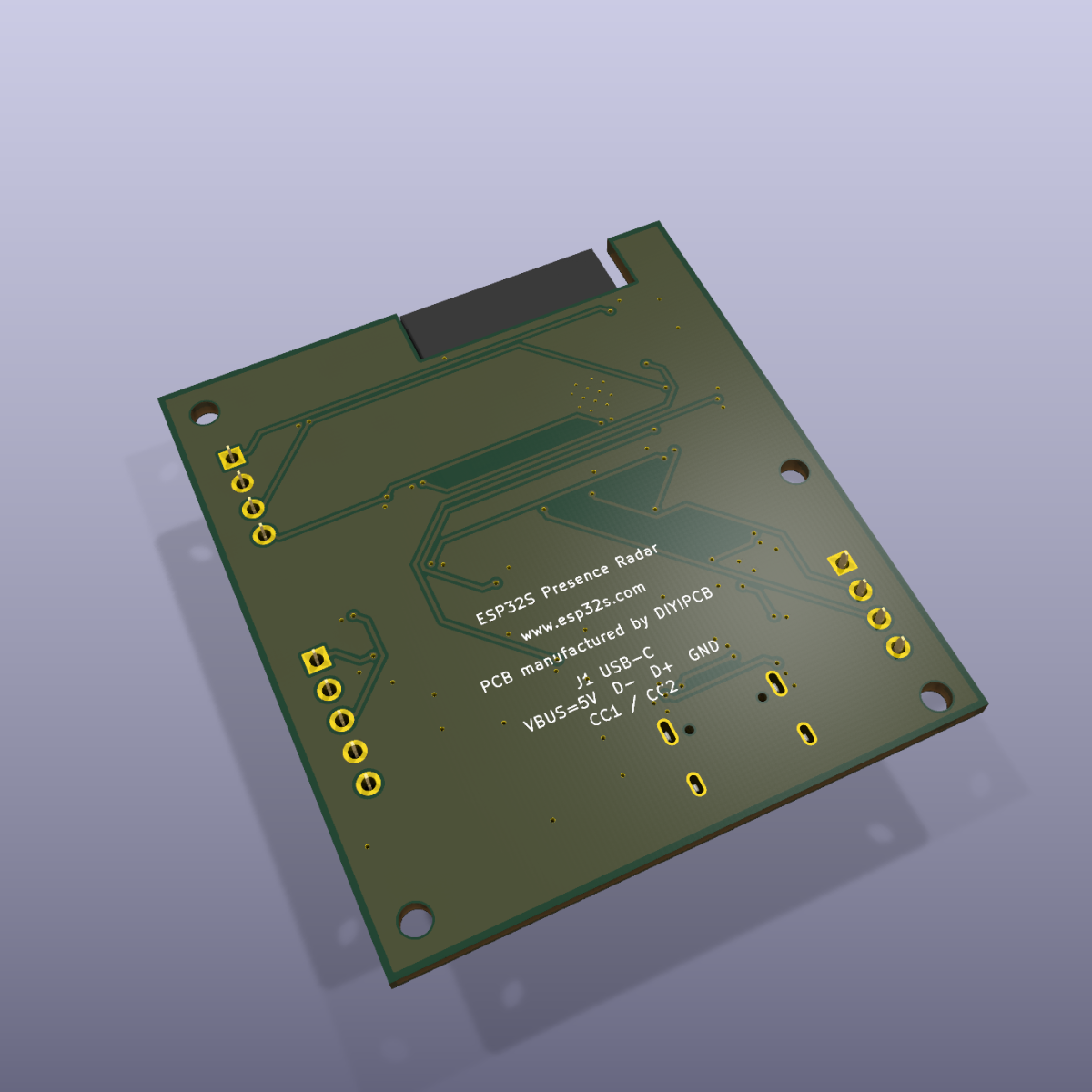 ESP32S Presence Radar R1.2 female-socket mainboard — KiCad 3D render