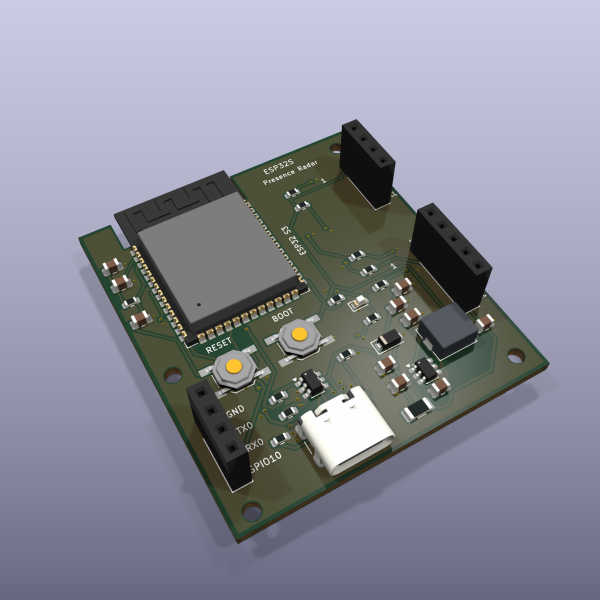 ESP32S Presence Radar R1.2 female-socket mainboard — KiCad 3D render