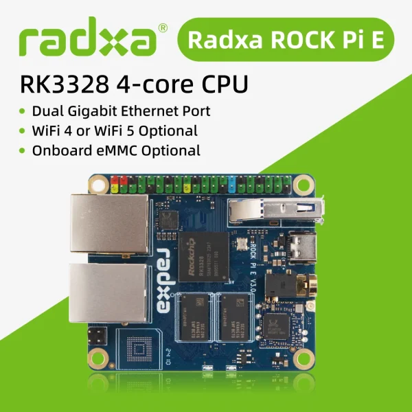 Radxa ROCK Pi E RK3328 4-core CPU, Dual Gigabit Ethernet,WiFi4 or WiFi5 Optional and eMMC Optional ,Single Board Computer