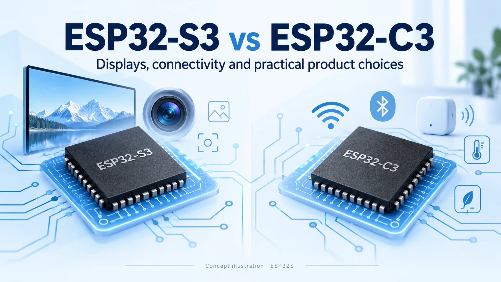 Conceptual illustration comparing ESP32-S3 and ESP32-C3 for displays and connected devices